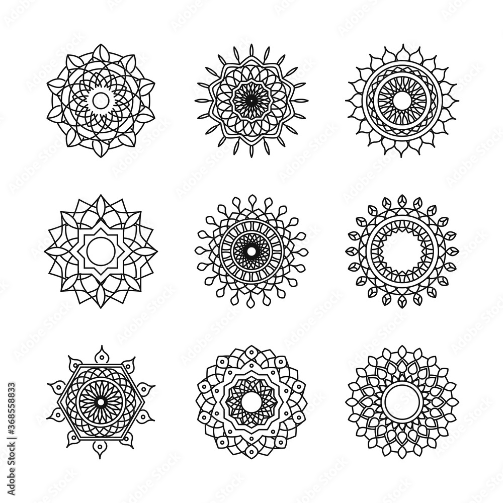 mandala decoration ornament flower motif ethnic oriental line style icon set mandala decoration ornament flower motif ethnic oriental line style icon set