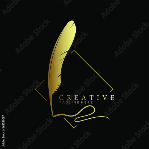 feather pen logo gold with square line vector design template
