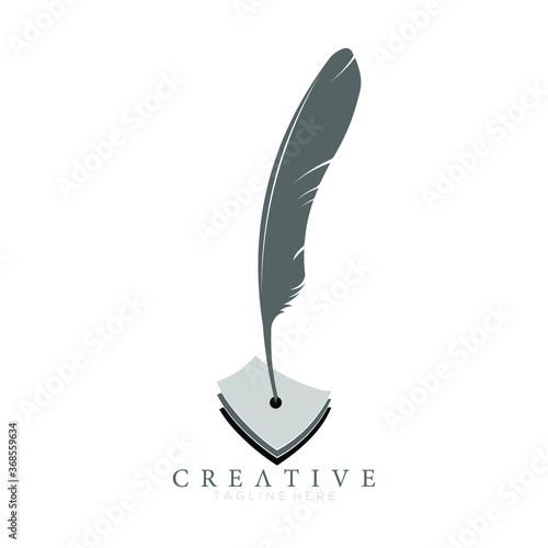 feather pen logo silhouette with 3 sheets of paper vector design template
