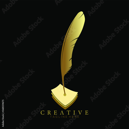 feather pen logo gold with 3 sheets of paper vector design template
