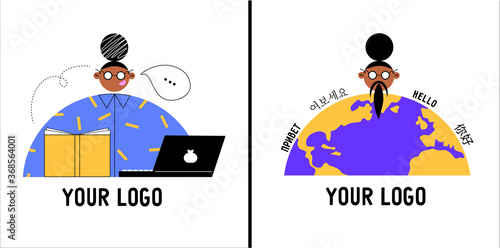 Set of logo for the language school. Funny wise old man, girl with laptop and planet Earth with different languages. Nice vector bright illustration in cartoon style. Visual metaphor about education.