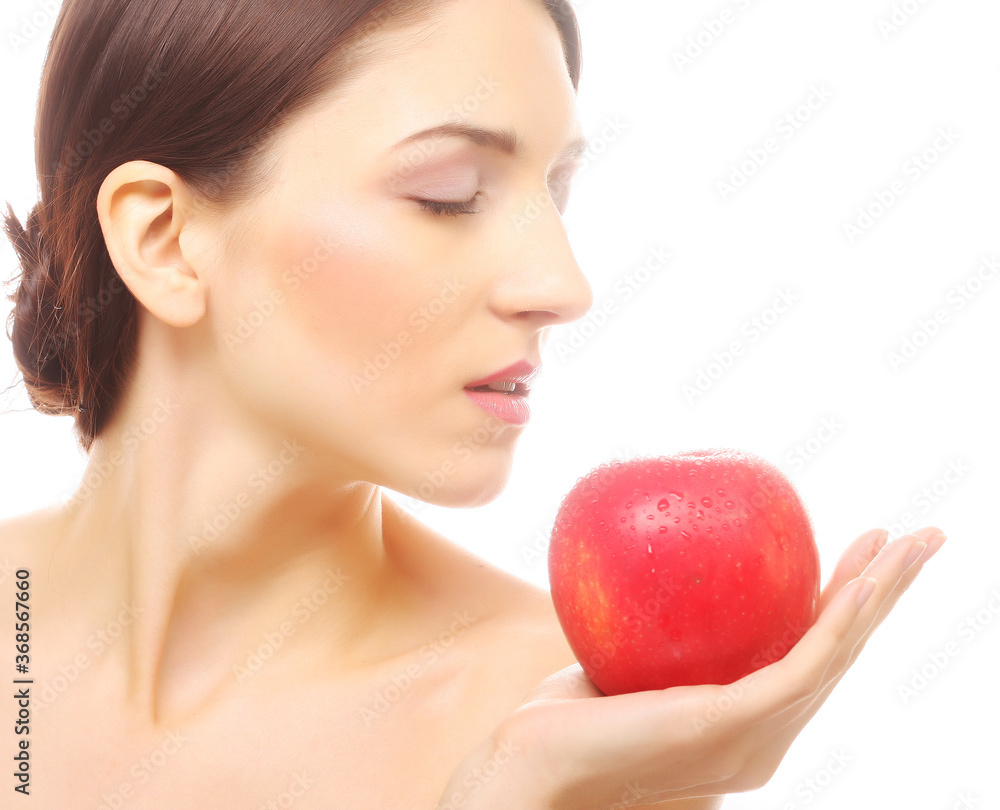 brunette woman with red apple brunette woman with red apple