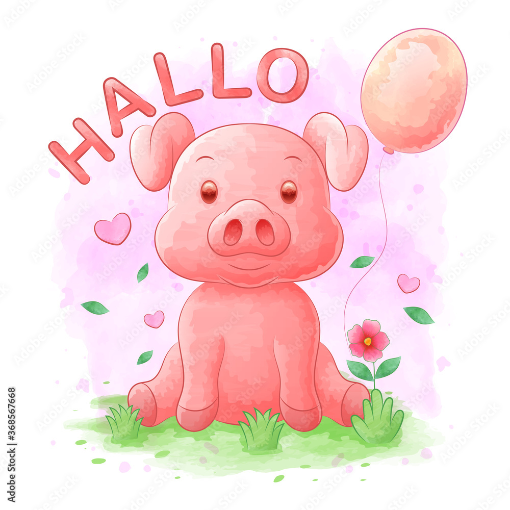 Fototapeta premium Pig cartoon with watercolor, Ballon and flower backgrounds