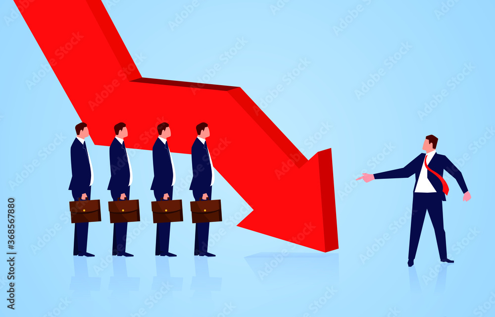 Economic crisis business team is in trouble, the manager looks at the team members pointing to the falling arrow Economic crisis business team is in trouble, the manager looks at the team members pointing to the falling arrow