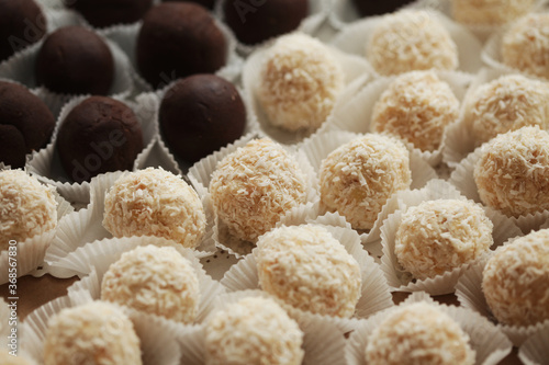 variations of chocolated sweet pralines close up