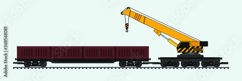 freight train with crane train drawing in vector