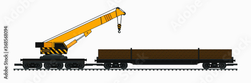 freight train with crane train drawing in vector