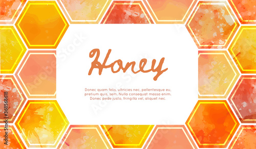 Horizontal card with watercolor honeycomb with splashes and text space. Sweet honey and treats. Vector template for invitations, menus, recipes and your design