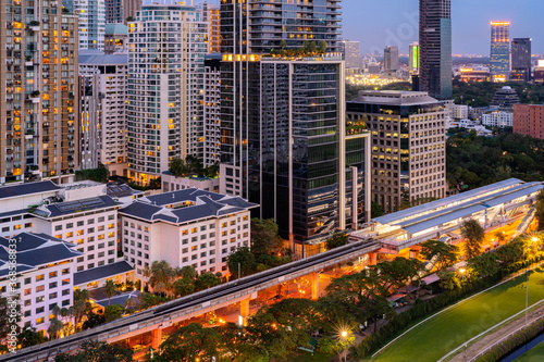 Photography Aerial view of Bangkok modern office buildings, Electric train, condominium in B