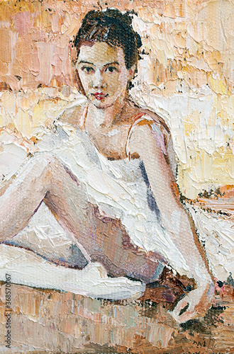 Fototapeta Naklejka Na Ścianę i Meble -  Little ballerina with curly hair sits and fastens pointe shoes on a light yellow background. Oil painting, palette knife technique and brush