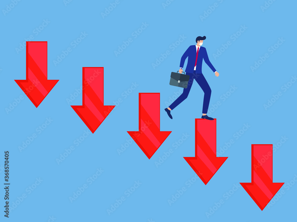 Businessman walking down the falling red arrow vector illustration. Recession and falling concept. Businessman walking down the falling red arrow vector illustration. Recession and falling concept.