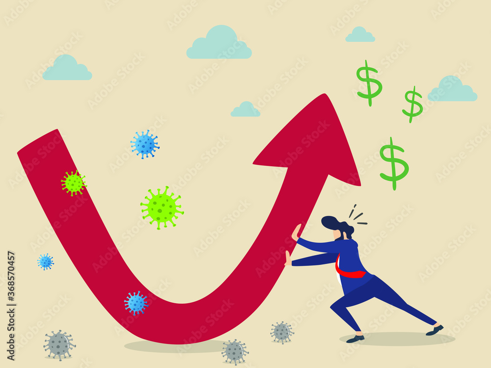 Obraz premium Businessmen push the arrow of the financial charts to keep going up after the coronavirus pandemic. new normal concept. economic after covid 19 illustration