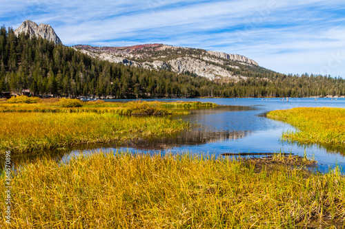 Grasss Filled Shoreline of Lake Mary With Crystal Crag and Mammoth Crest in the Distance, Mammoth Lakes, California, USA