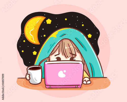 Work late concept woman at night in office with pile of paper and laptop. cartoon art illustration Premium Vector