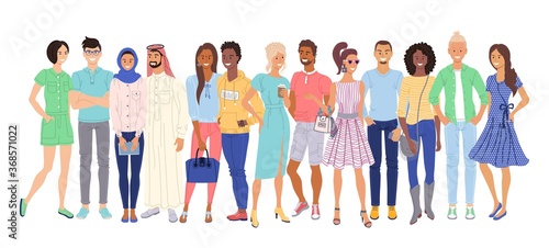 Multiethnic people. Isolated casual young adult men and women cartoon character citizen group standing together. Interracial and multi-ethnic couple crowd. Vector diverse multiethnic people society