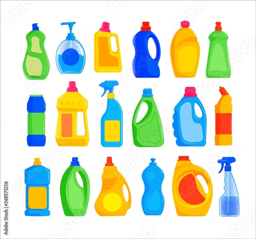 Detergent bottles set. Isolated blank plastic detergent bottles mockup icon collection. Cleaner spray container template. Vector liquid chemical product for housework