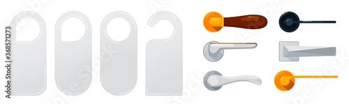 Door handles set. Isolated blank hotel room closed door hanger sign mockups, wooden and metal handle icon collection. Vector privacy and security concept