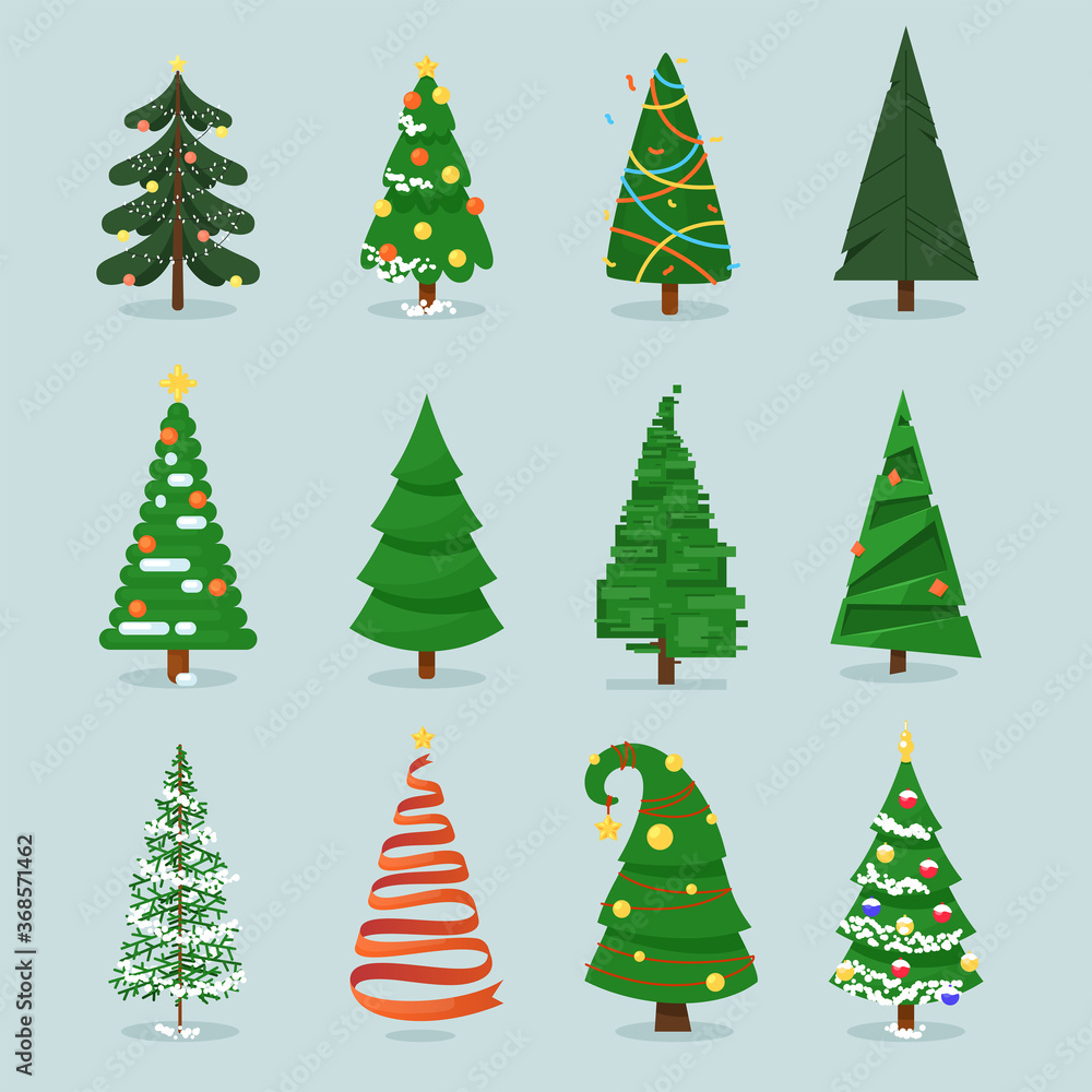 Christmas tree set. Isolated stylized decorated cartoon fir-tree with stars and balls icon collection. Christmas winter holiday celebration symbol decoration vector illustration