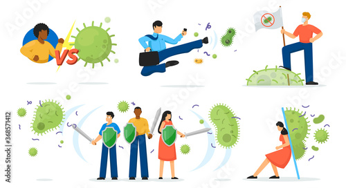 Virus protection set. Isolated person cartoon character with sword and shield fighting corona virus covid-19, germ and bacterium collection. Vector medicine and health protection concept illustration
