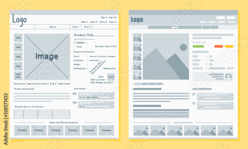 Online Shop or Marketplace UI UX User Interface and User Experience Concept Sketch with Web Wireframe Design.