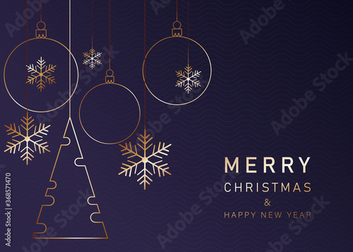Christmas background with Shining gold balls and gold Christmas fir tree. Merry Christmas background vector Illustration.