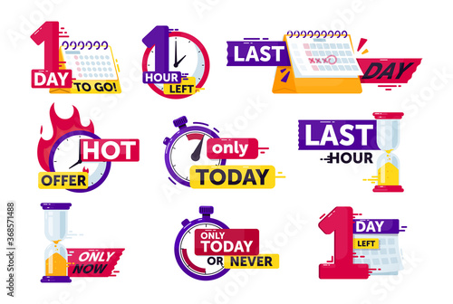 Time left set. Isolated clock, timer, calendar and hourglass with hour and day time left count down sign stickers. Countdown badge icon collection. Sale shopping offer vector illustration