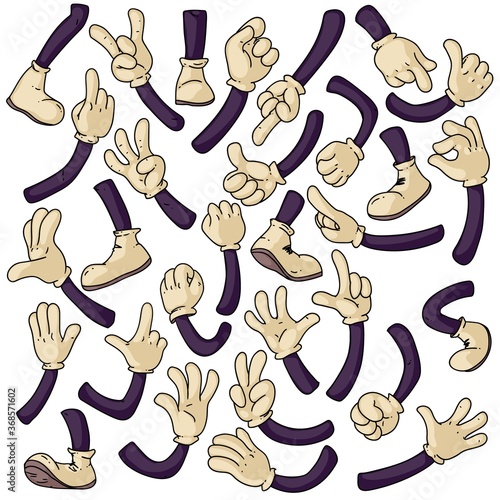 Cartoon hands and legs set. Isolated cute hand in glove and foot in white shoe icon collection. Comic character gestures vector illustration