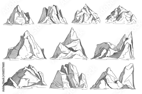 Mountain sketch. Hand drawn rocky peak sketch. Vector cliff set isolated on white background. Highland range landscape collection. Hand drawn mountain ridge contour illustration in engraved style