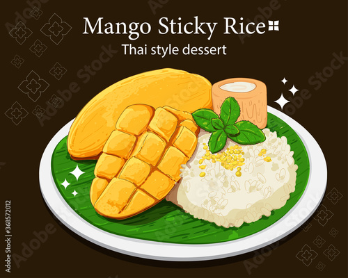 Mango sticky rice thai style dessert hand draw art illustration Premium Vector