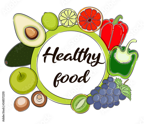 Hand drawn round design element with healthy food. Vector illustration food icons. Food background Healthy lifestyle concept dieting, fitness and nutrition. Farm fresh vegetables sketch style