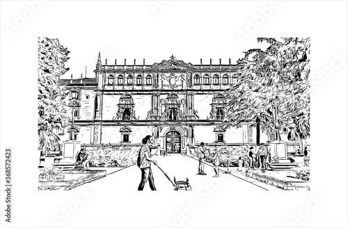 Building view with landmark of Alcala de Henares is a city in central Spain, northeast of Madrid. Hand drawn sketch illustration in vector.