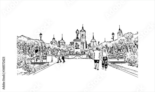 Building view with landmark of Alcala de Henares is a city in central Spain, northeast of Madrid. Hand drawn sketch illustration in vector.
