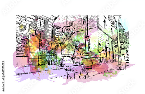 Building view with landmark of Alcala de Henares is a city in central Spain, northeast of Madrid. Watercolor splash with Hand drawn sketch illustration in vector.
