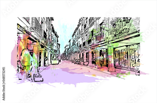 Building view with landmark of Alcala de Henares is a city in central Spain, northeast of Madrid. Watercolor splash with Hand drawn sketch illustration in vector.