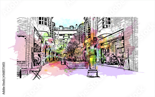 Building view with landmark of Alcala de Henares is a city in central Spain, northeast of Madrid. Watercolor splash with Hand drawn sketch illustration in vector.