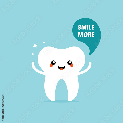 Vector cartoon style happy and cute tooth character with speech bubble asking to smile more.
