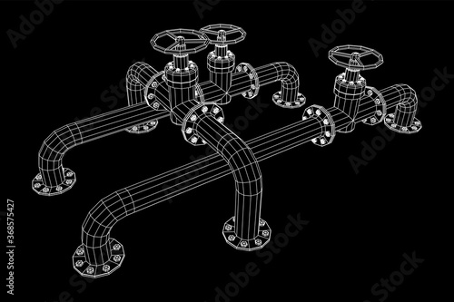 Oil pipeline with valve business concept. Finance economy polygonal petrol production. Petroleum fuel industry transportation line. Wireframe low poly mesh vector illustration.