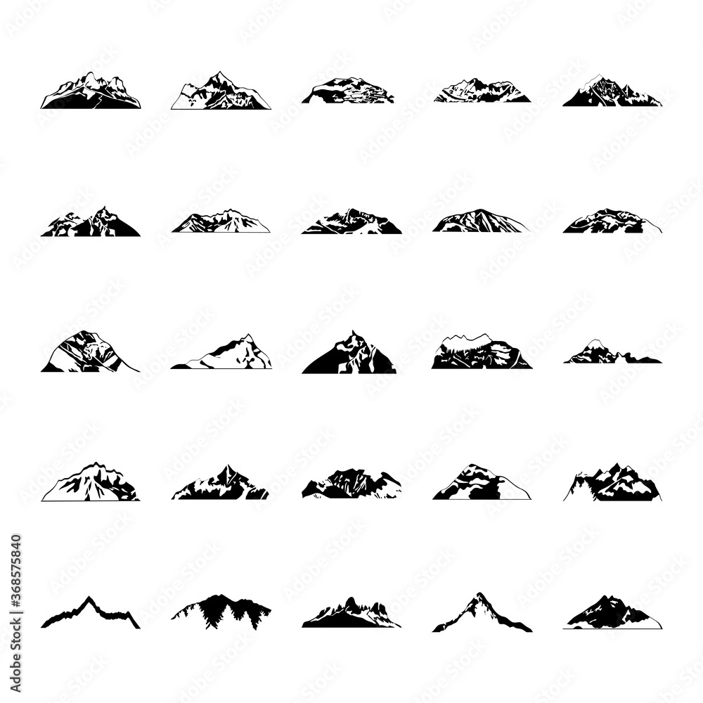 icon set of mountains, silhouette style