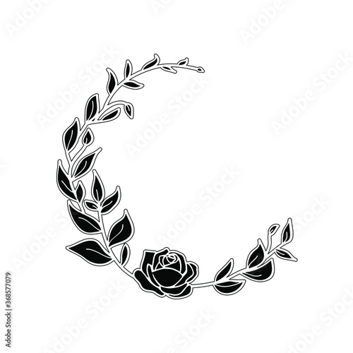 Funeral card template with black wreath made from leafs and rose on white background