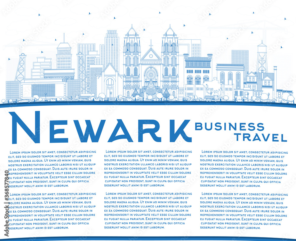 Outline Newark New Jersey City Skyline with Blue Buildings and Copy Space.