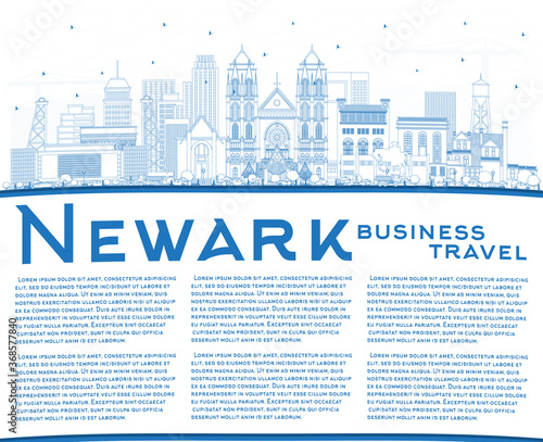 Outline Newark New Jersey City Skyline with Blue Buildings and Copy Space.