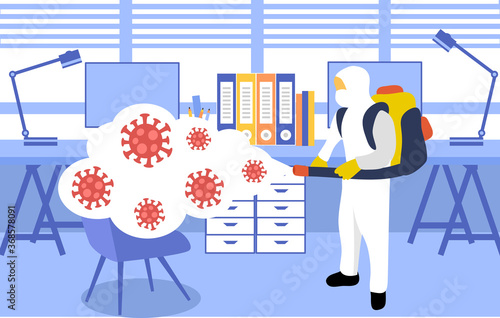 A man in hazmat suit spraying and disinfecting covid19 Coronavirus cells epidemic outbreak. Virus disinfection prevention vector illustration. Cleaning virus, bacteria and germs in the office room.