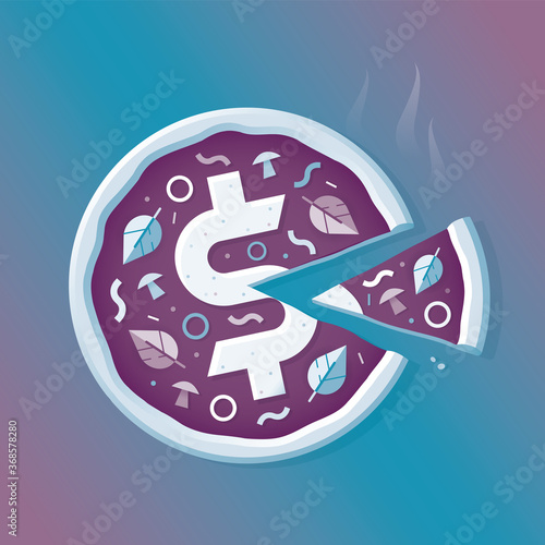 Business pizza with dollar symbol and slice. Concepts: financial market sharing, business lunch, revenue dividing, share, salary, marketing, profit, stock market, celebration, negotiations, economy