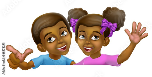 Young black little girl and boy kids children cartoon characters peeking over a background sign pointing and waving.