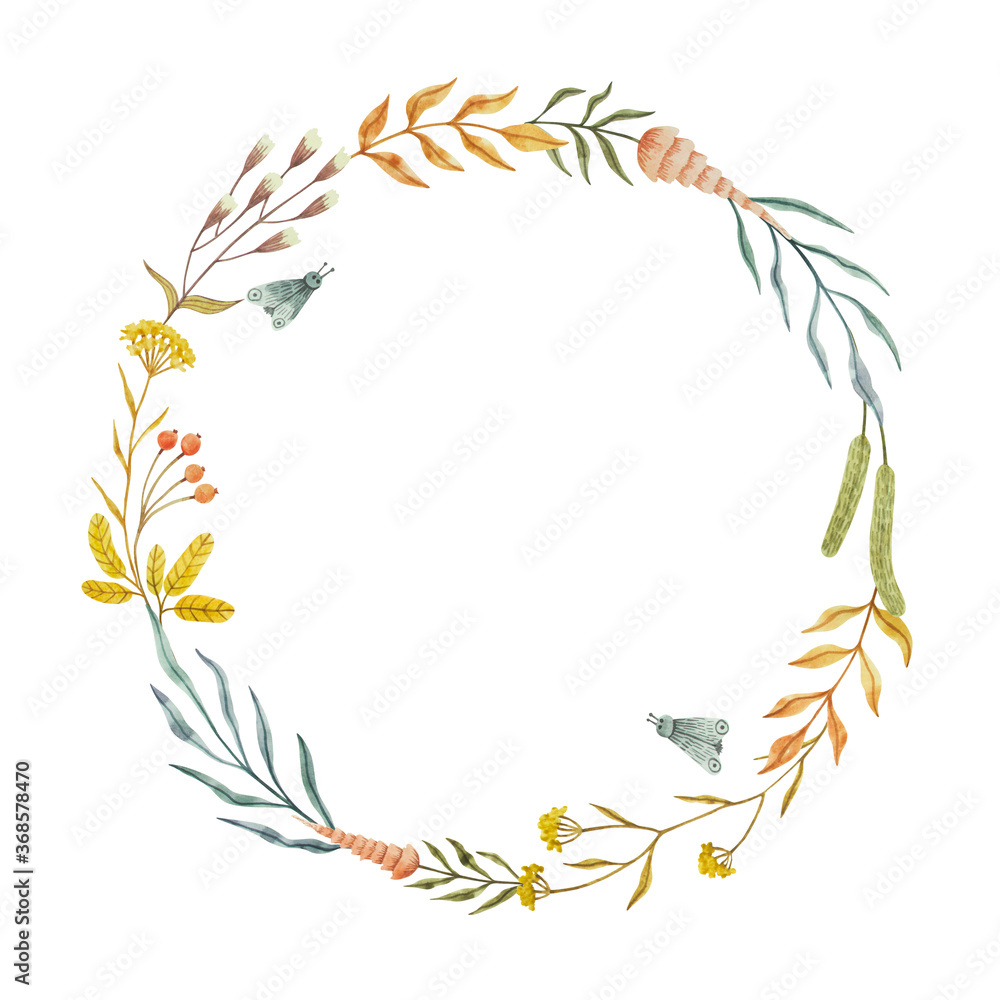 Fototapeta Hand drawn watercolor illustration. Autumn Wreath. Perfect for wedding invitations, greeting cards, blogs, prints and more
