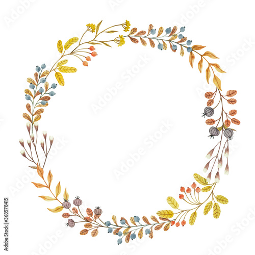 Hand drawn watercolor illustration. Autumn Wreath. Perfect for wedding invitations, greeting cards, blogs, prints and more