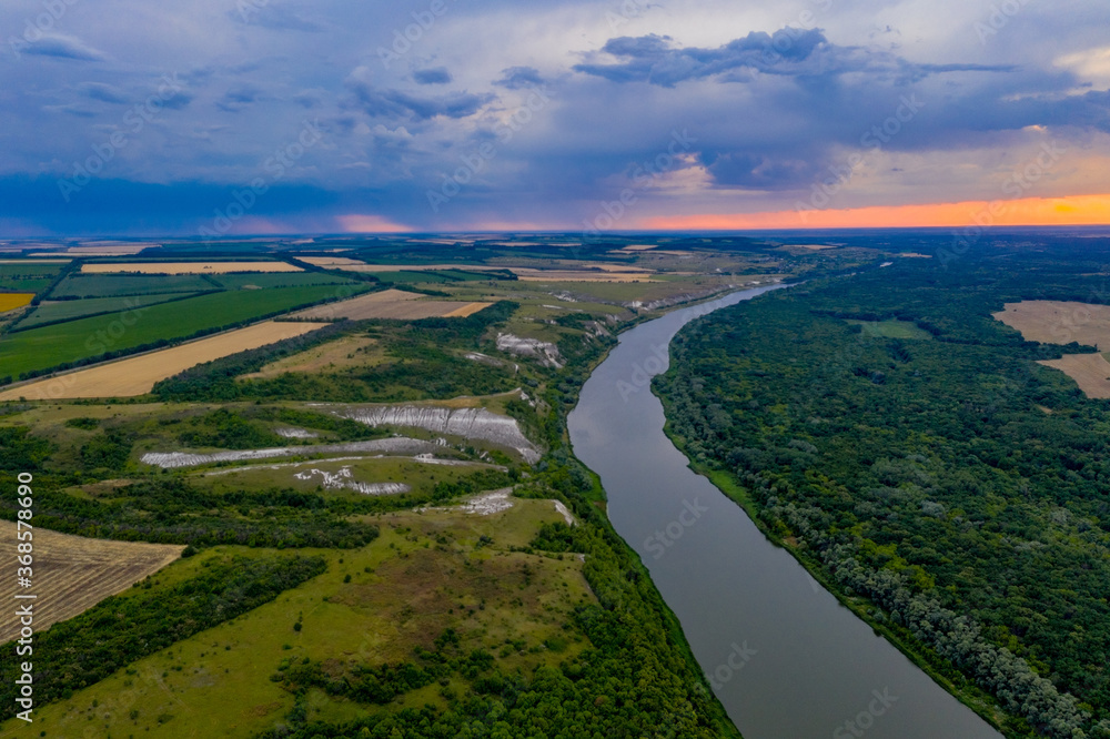 The great Russian river Don in the Voronezh region in the summer at sunset