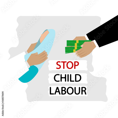 Trafficking in children for money. Hands holding a child and money. Stop trafficking in young children.