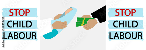 Trafficking in children for money. Hands holding a child and money. Stop trafficking in young children.