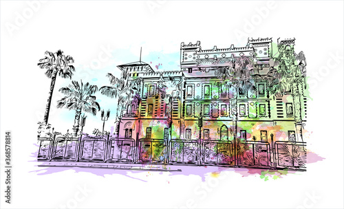 Building view with landmark of Alexandria is a Mediterranean port city in Egypt. Watercolor splash with hand drawn sketch illustration in vector. photo